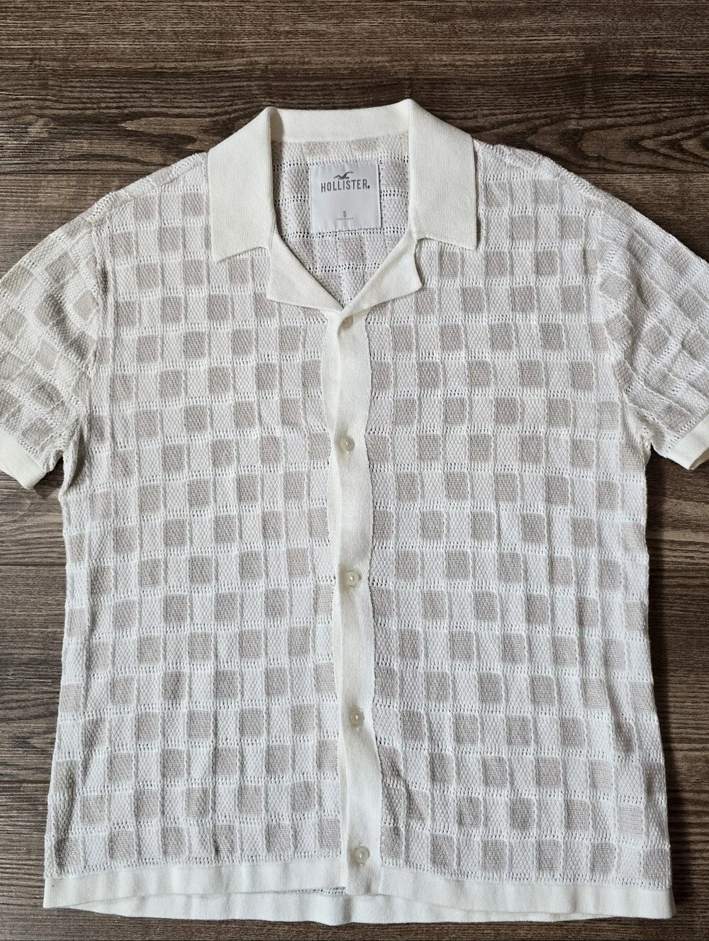 Hollister Shirt Men S Cream Open Knit Button Crochet Retro Cuban Coastal Beach - Picture 1 of 7